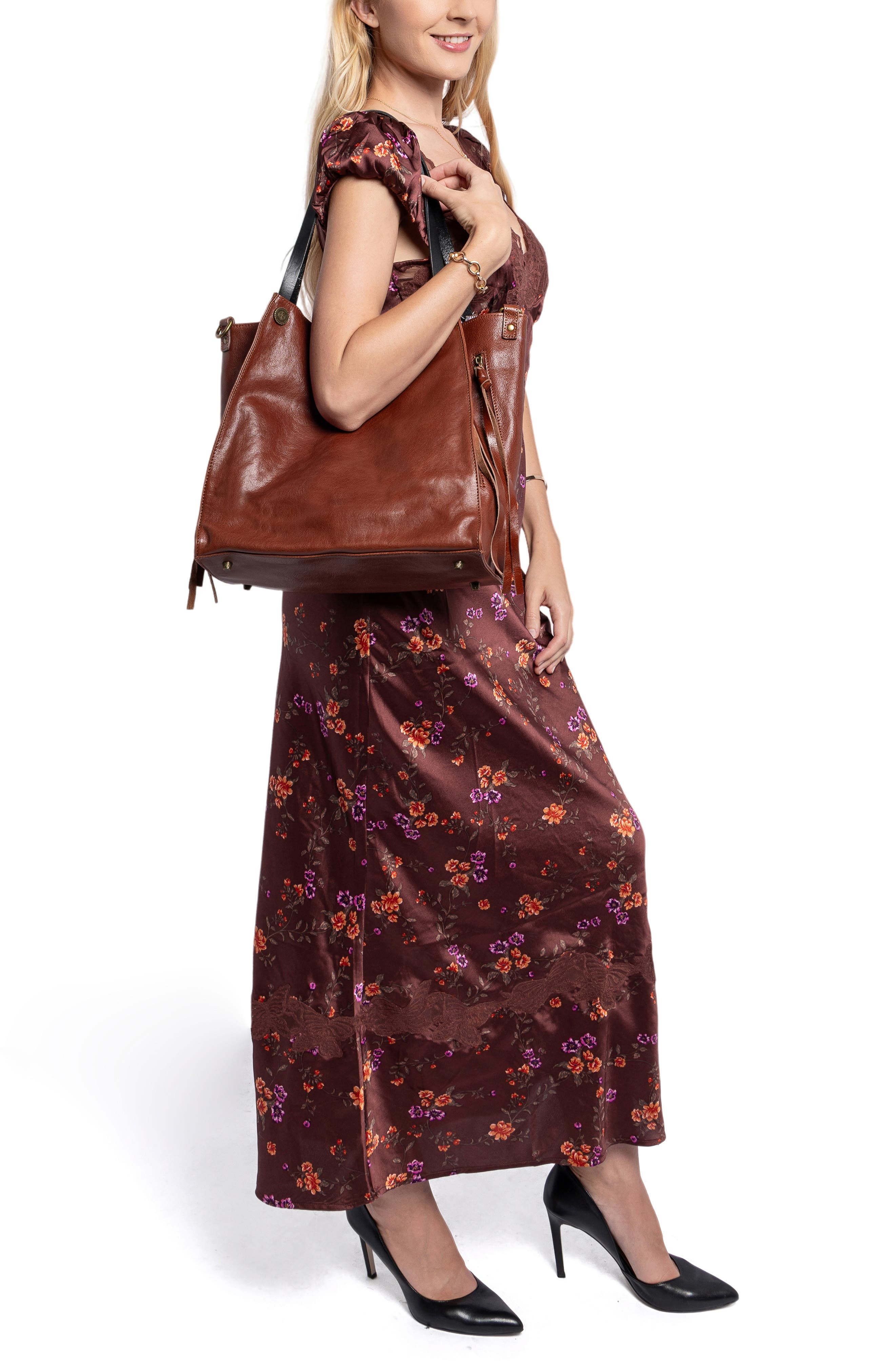 Daisy Leather Tote Bag, Alternate, color, cognac