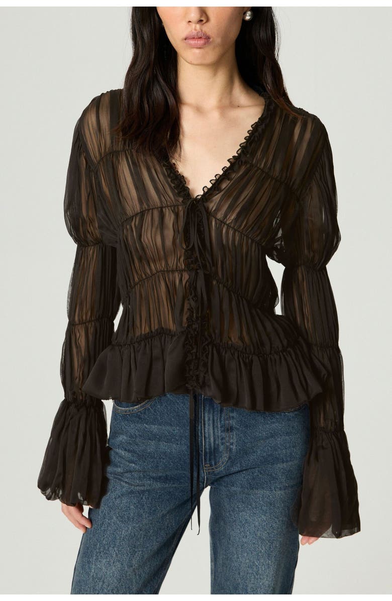 Nocturne Ruched Sheer Blouse, Main, color, Brown