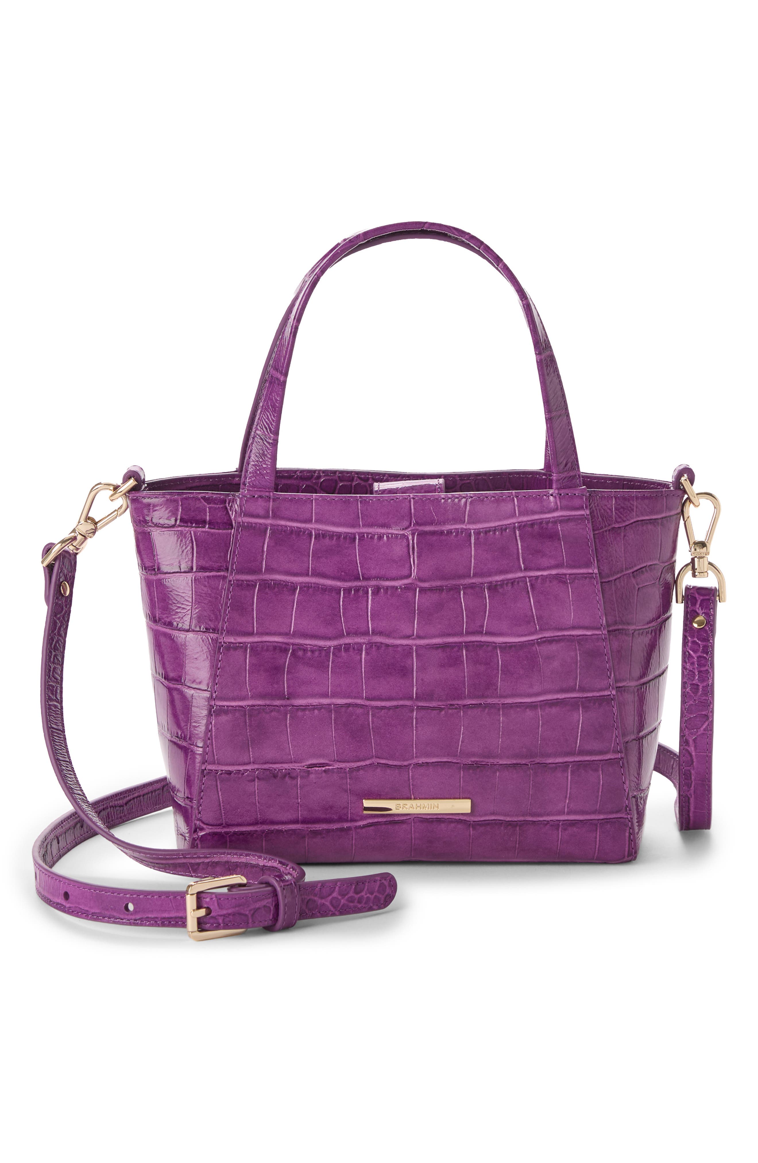 Brahmin Small Mona Croc Embossed Leather Tote, Alternate, color, Purple