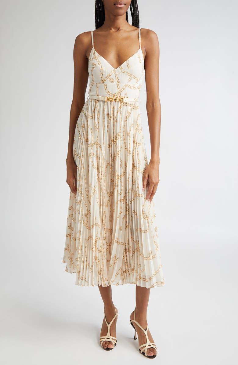 Zimmermann Chain Print Belted Sunray Pleated Picnic Dress, Main, color, Cream Charms
