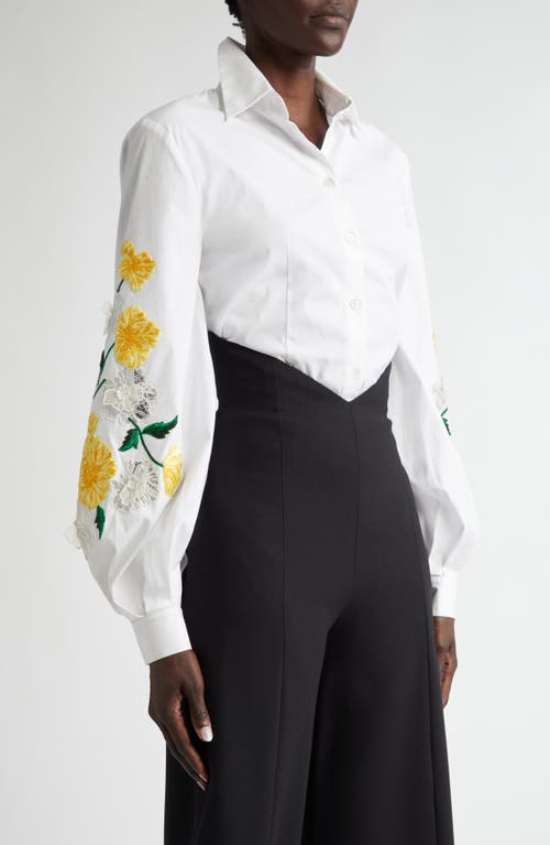 Carolina Herrera Embroidered Sleeve Stretch Cotton Button-up Shirt In White Multi