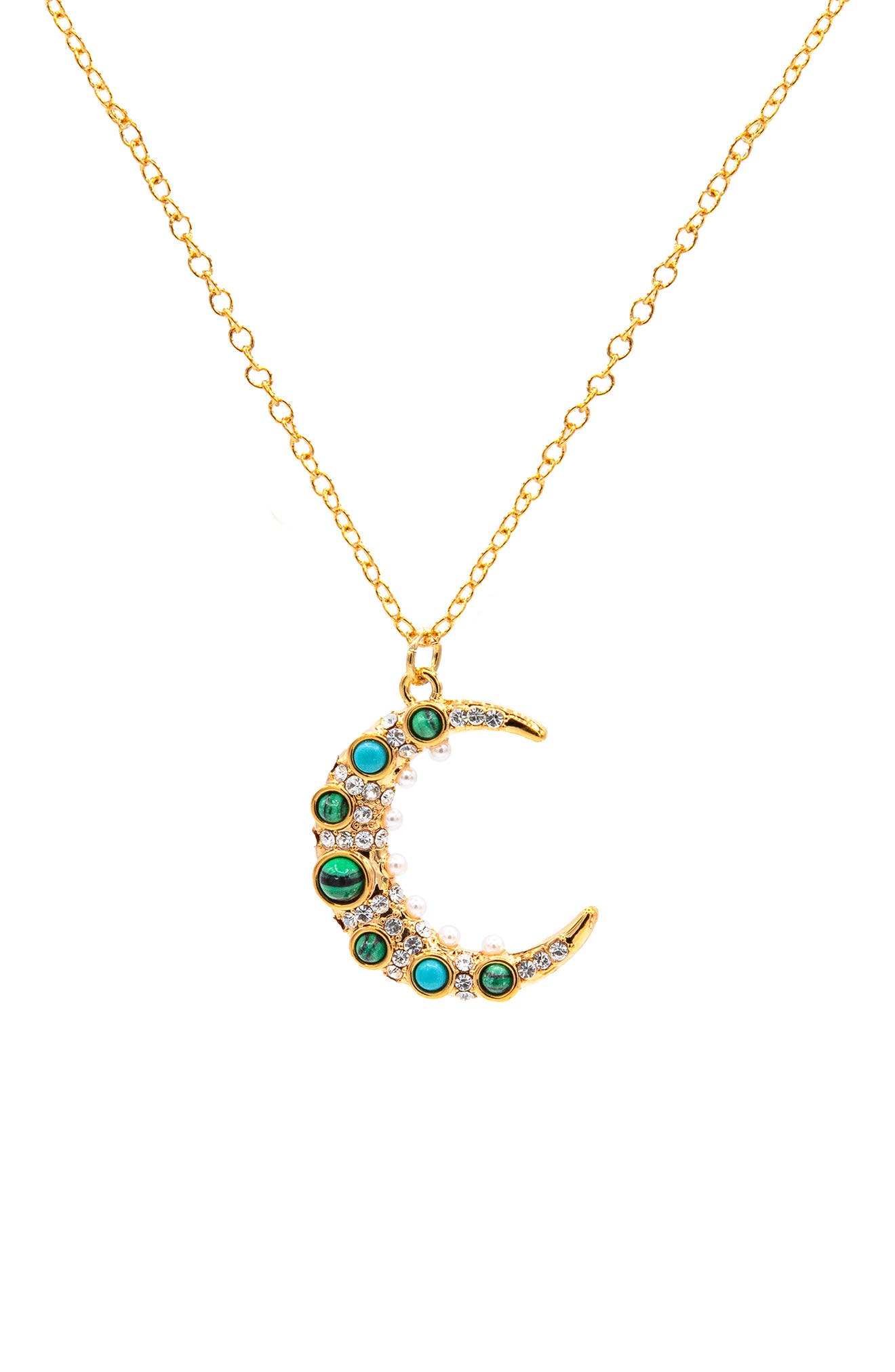 La Meno Turquoise Moon Pendant Necklace In Gold