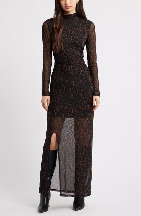 Mock Neck Long Sleeve Mesh Maxi Dress