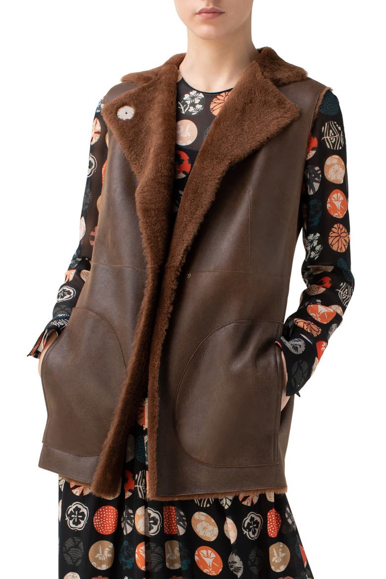 Reversible Lambskin Leather & Genuine Shearling Gilet, Main, color, WOOD