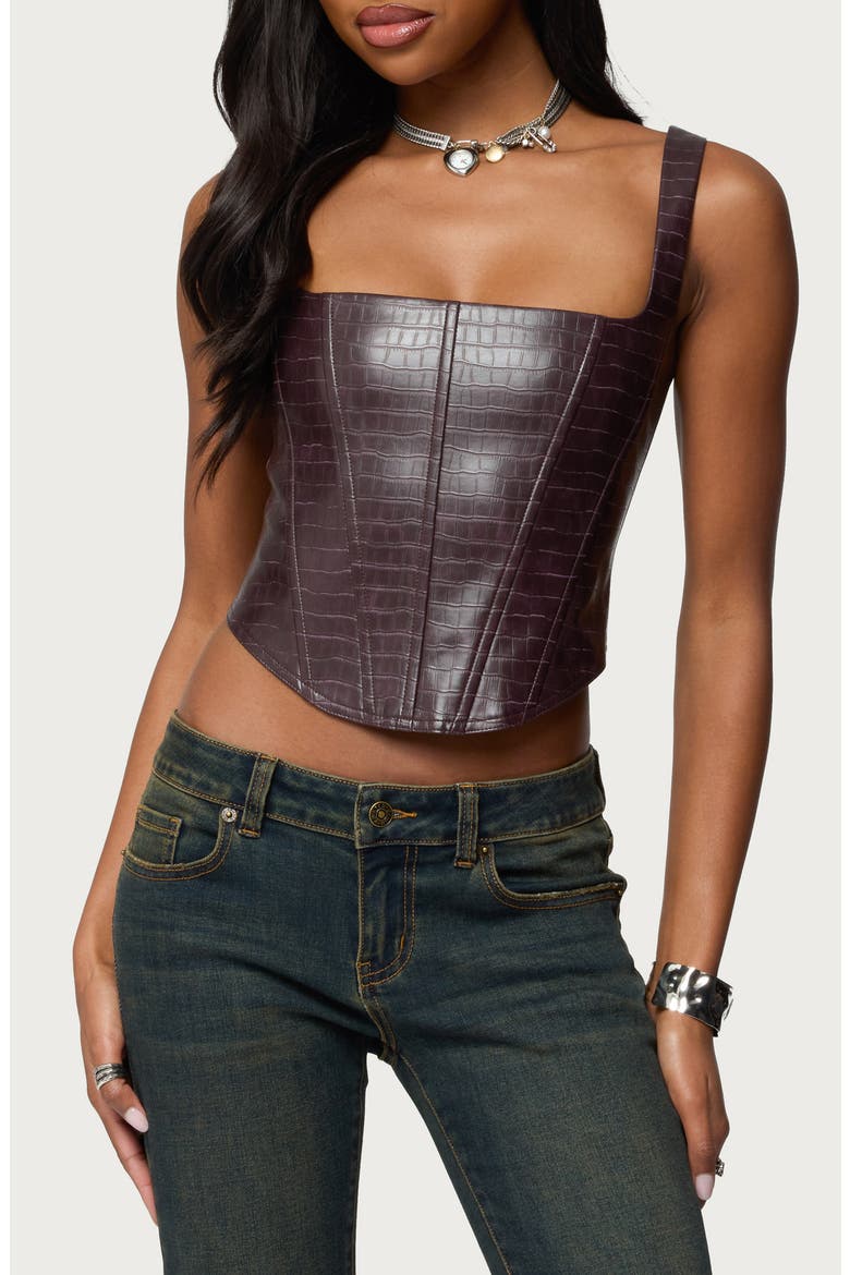 Shana Croc Embossed Faux Leather Corset Top, Main, color, BROWN