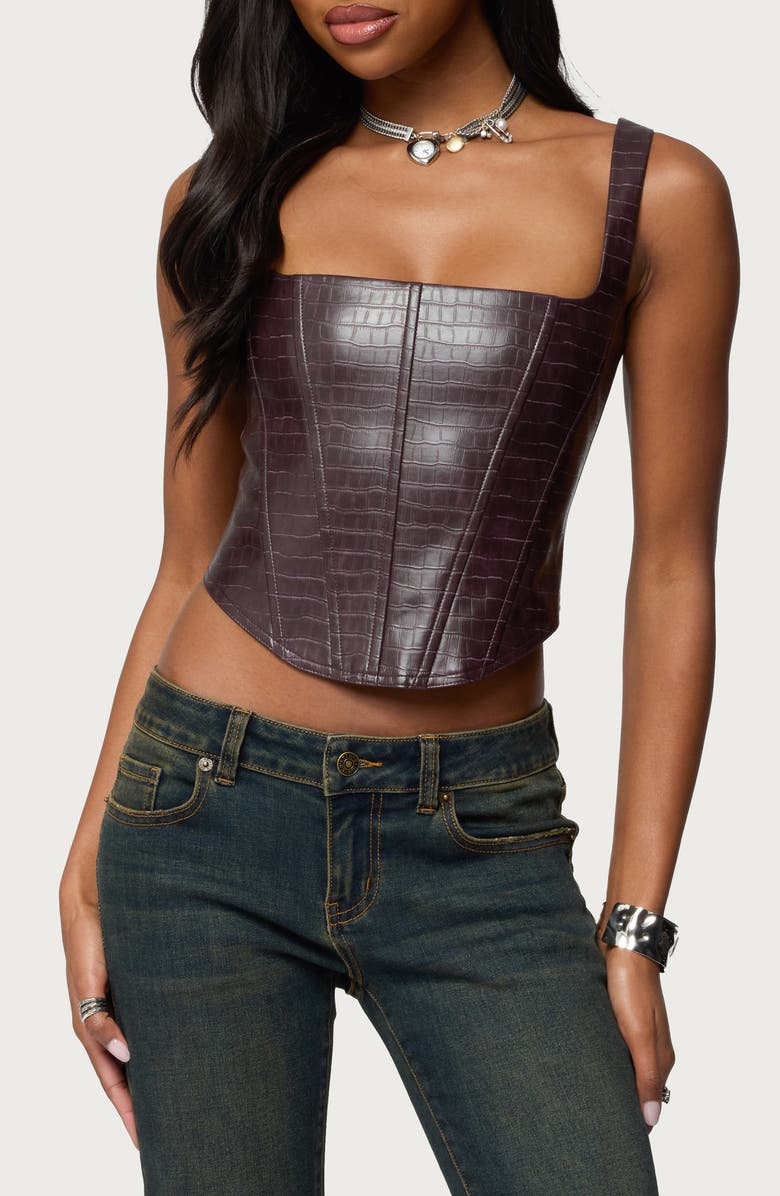 EDIKTED Shana Croc Embossed Faux Leather Corset Top, Main, color, 