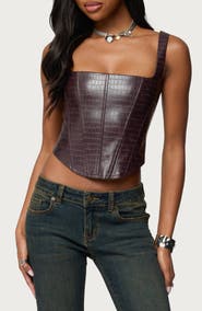 EDIKTED Shana Croc Embossed Faux Leather Corset Top