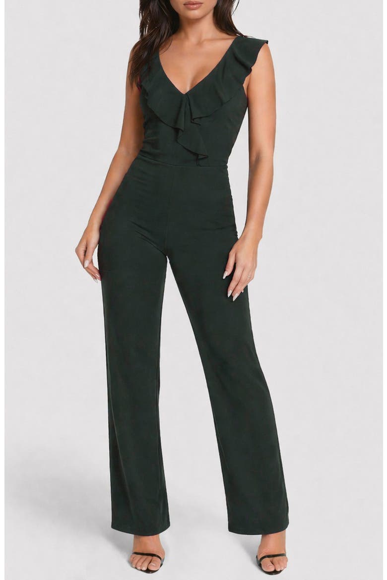 Scuba Crepe Ruffle V-Neck Jumpsuit, Main, color, HUNTER