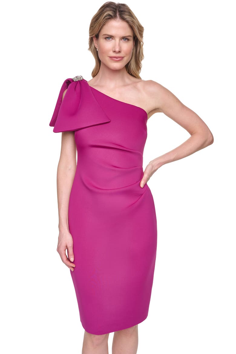 Bow One-Shoulder Cocktail Dress, Alternate, color, MAGENTA