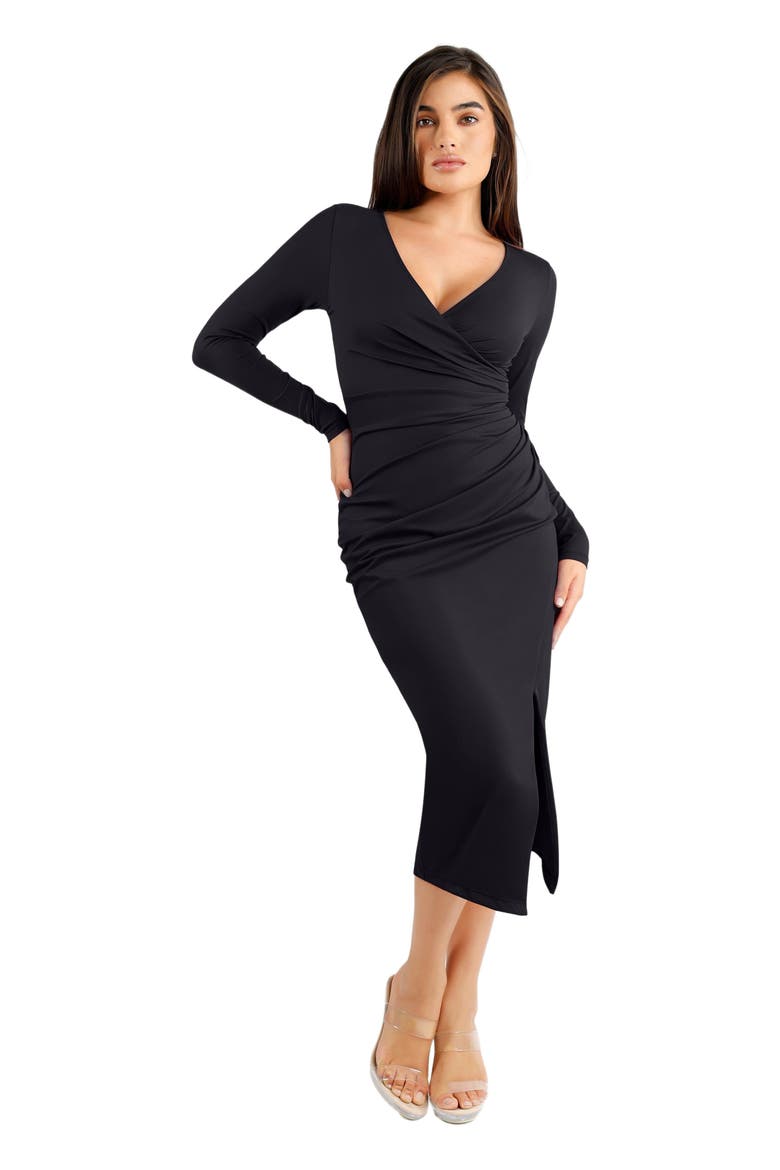 Shapewear Ruched Long Sleeve Faux Wrap Slimming Midi Dress, Main, color, Midnight Black