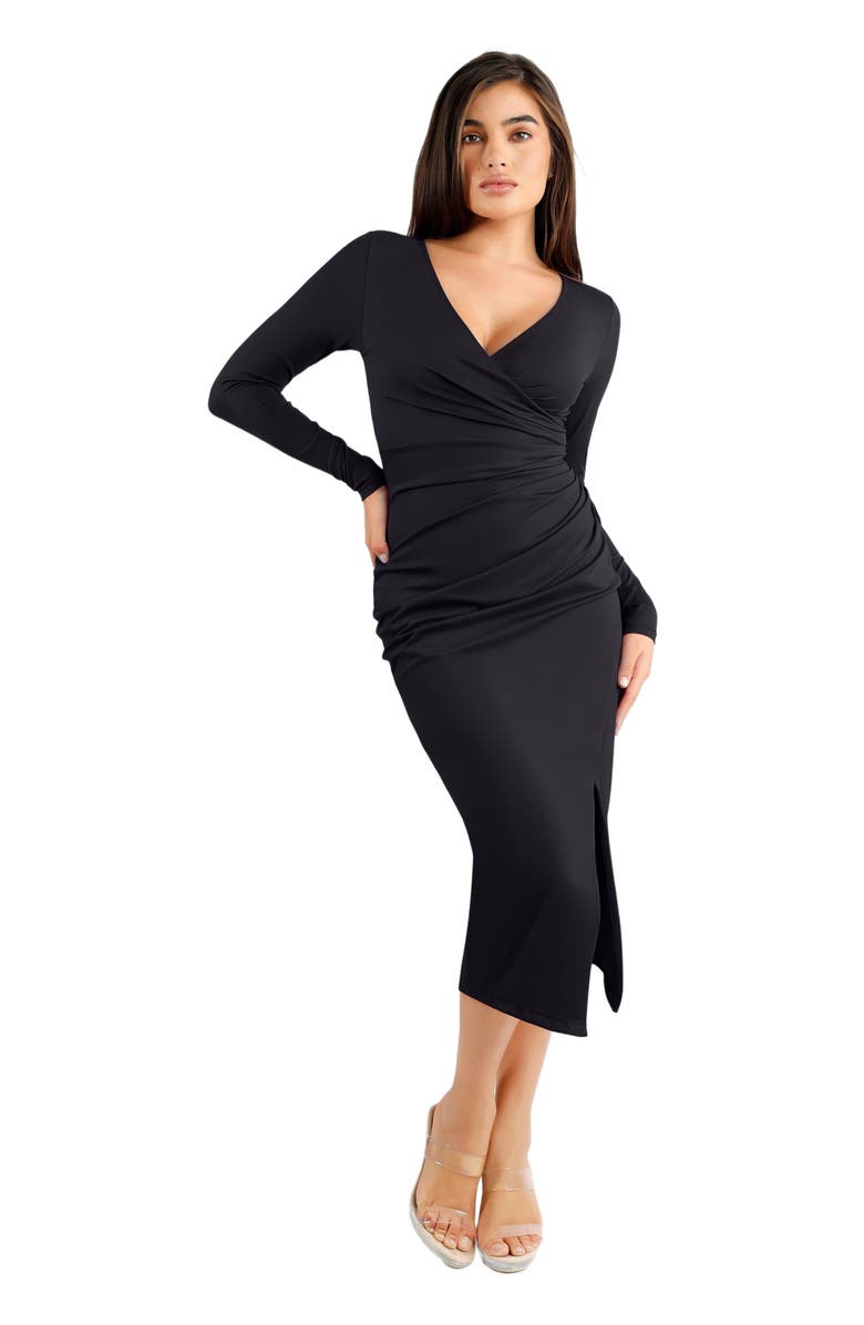 Popilush Shapewear Ruched Long Sleeve Faux Wrap Slimming Midi Dress, Main, color, Midnight Black