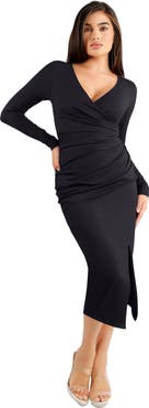 Popilush Shapewear Ruched Long Sleeve Faux Wrap Slimming Midi Dress