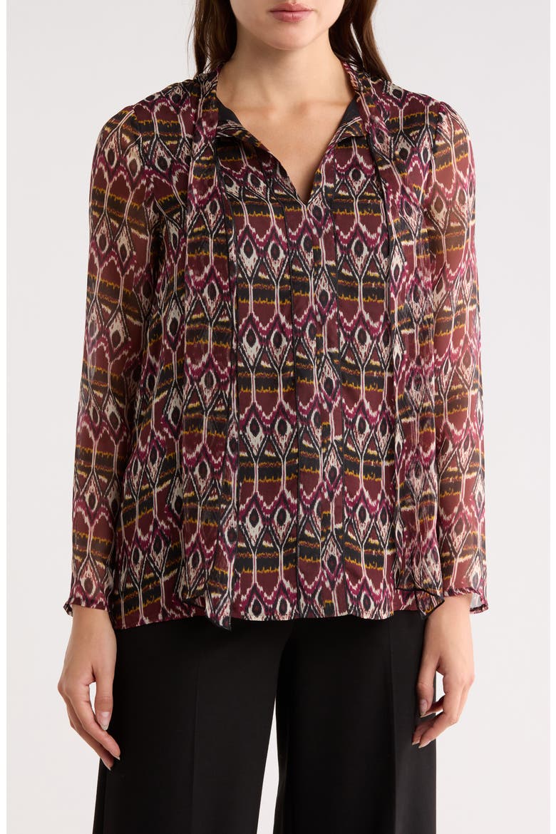Tie Neck Long Sleeve Silk Shirt, Main, color, BURGUNDY
