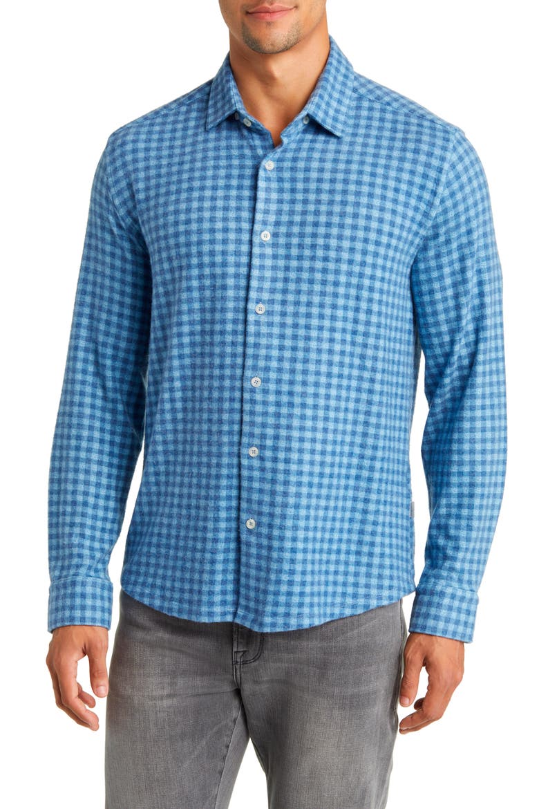 Gingham Check Wrinkle Resistant Tech Fleece Button-Up Shirt, Main, color, BLUE