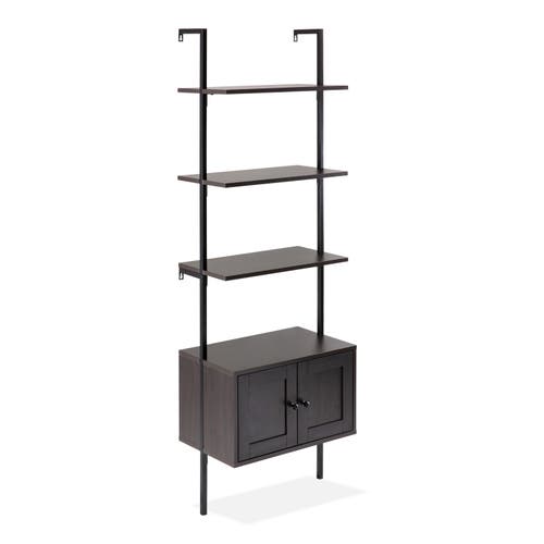 Happimess Tulare Midcentury Industrial 4-shelf Wood Wall-mounted Open Ladder Bookcase With Cabinet And Metal F In Black