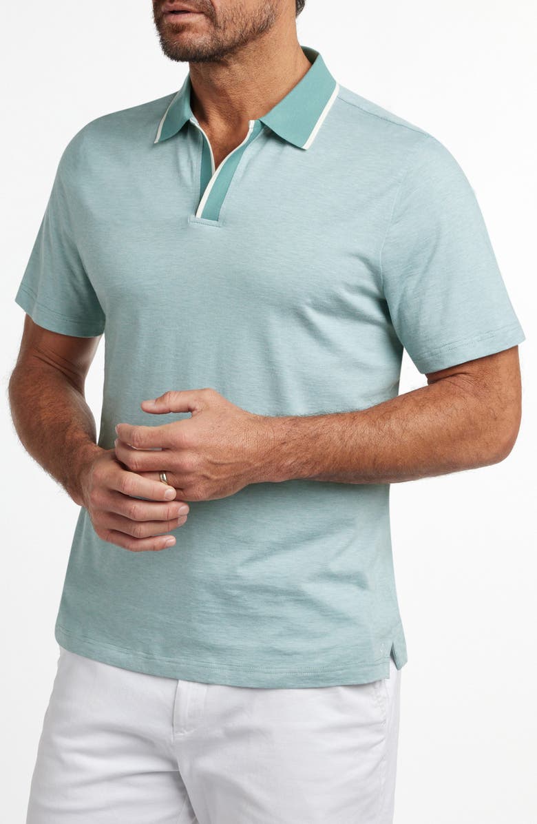 David Donahue Tipped Johnny Collar Cotton & Silk Polo, Alternate, color, Beach Glass