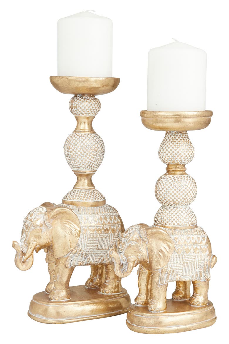 White Polystone Elephant Candle Holder with Whitewash Finish, Main, color, GOLD