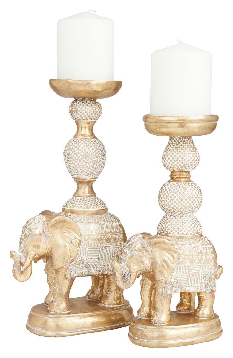 VIVIAN LUNE HOME White Polystone Elephant Candle Holder with Whitewash Finish, Main, color, Gold