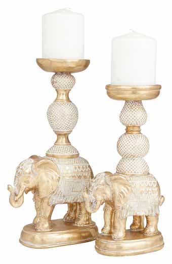 VIVIAN LUNE HOME White Polystone Elephant Candle Holder with Whitewash Finish