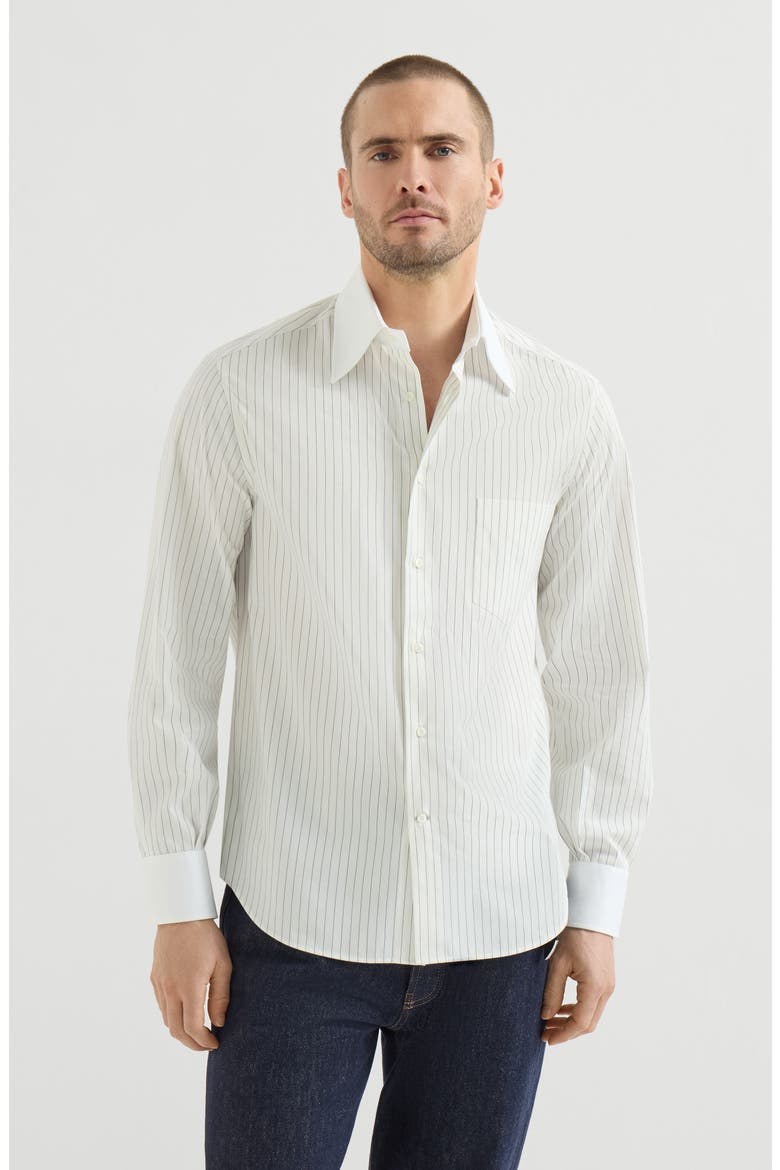 Striped cotton and silk shirt with contrast Italian collar and cuffs, Main, color, White