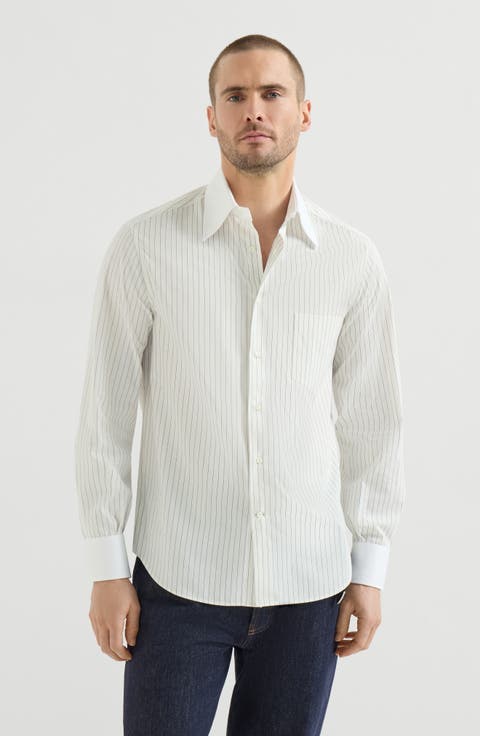 Striped cotton and silk shirt with contrast Italian collar and cuffs