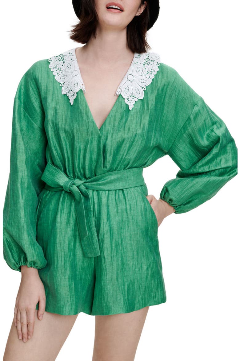 Collared Long Sleeve Linen Blend Romper, Main, color, VERT