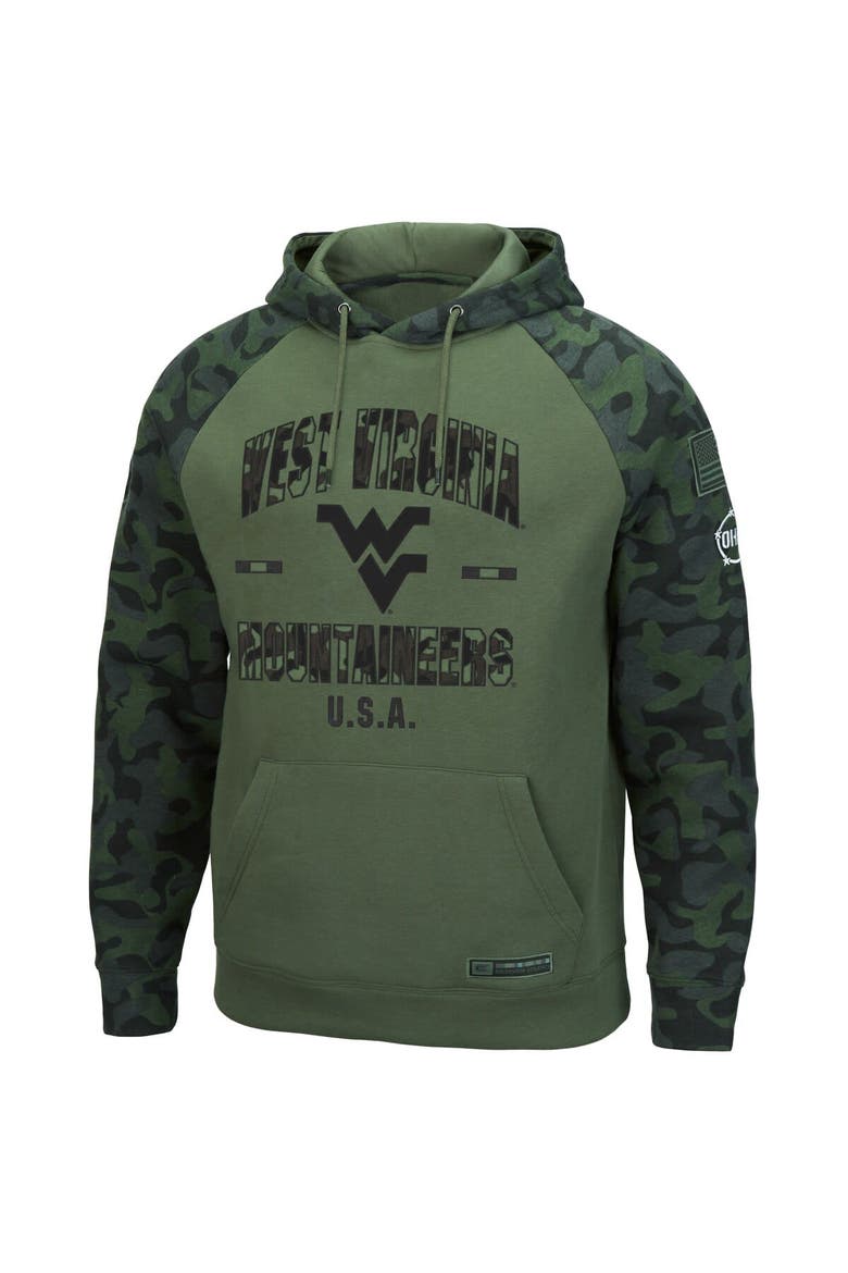 Men's Colosseum Olive/Camo West Virginia Mountaineers OHT Military Appreciation Raglan Pullover Hoodie, Alternate, color, Olive