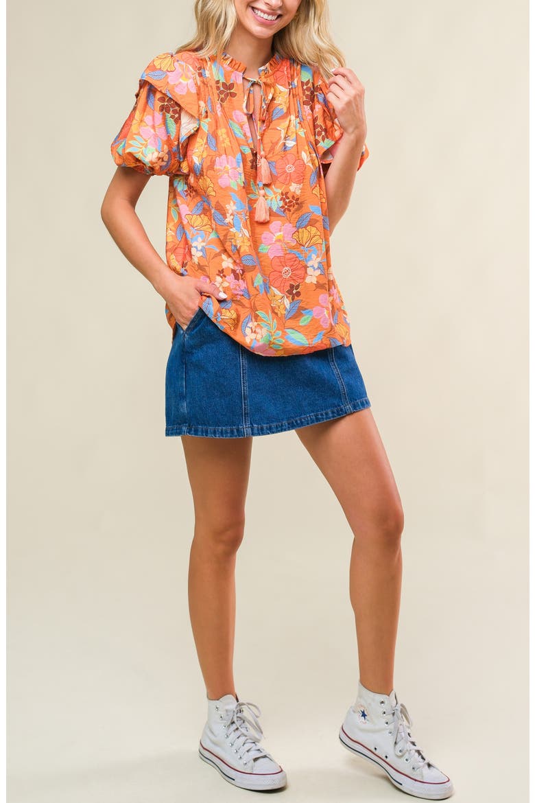 Printed Split Neck Top, Alternate, color, CAMEL