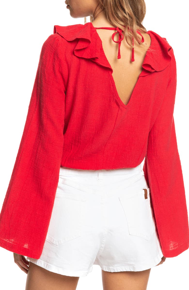 Roxy Paradise Is You Ruffle Trim Bell Sleeve Crop Top, Alternate, color,
