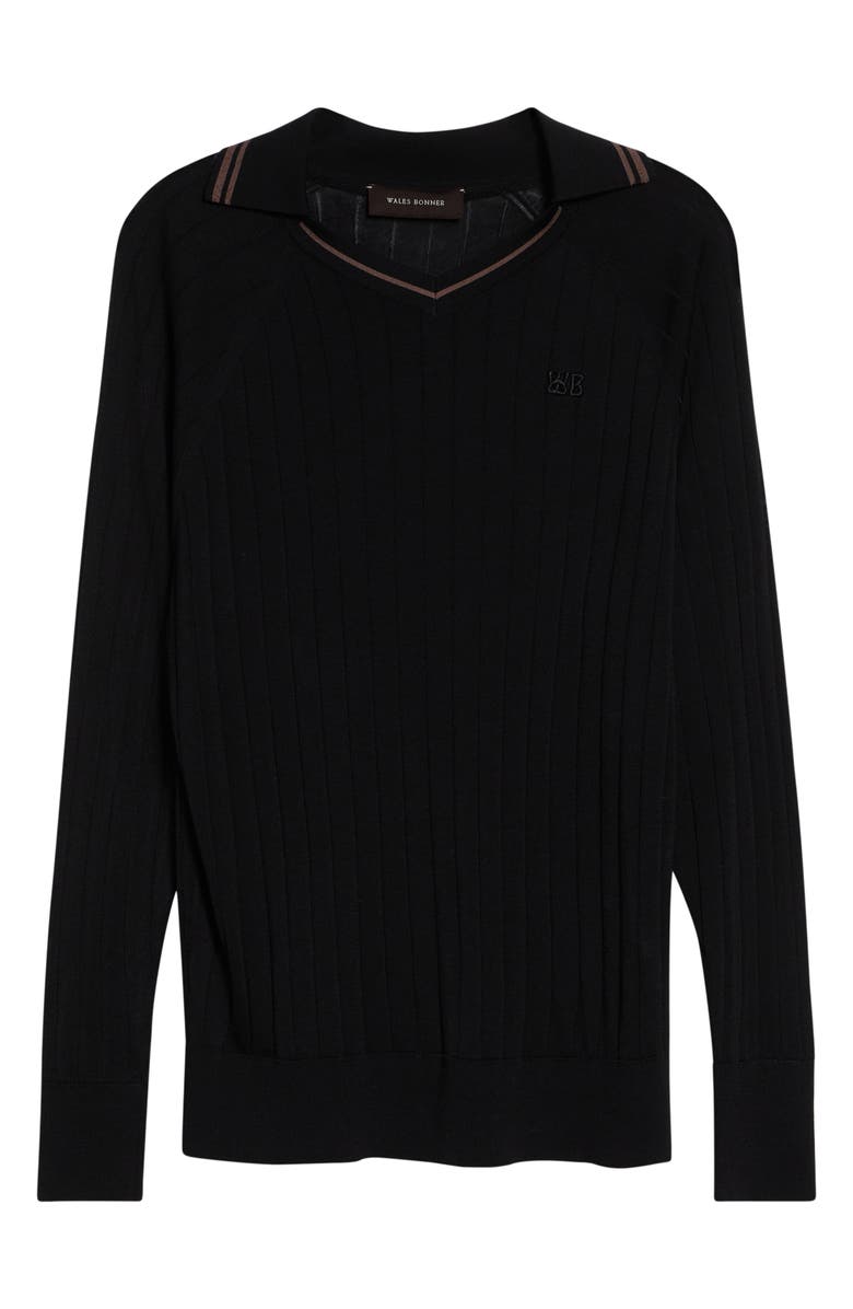 Wales Bonner Roots Long Sleeve Rib Polo, Alternate, color, Black