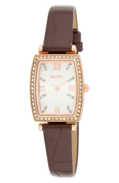 Tonneau Crystal Faux Leather Strap Watch, 26mm