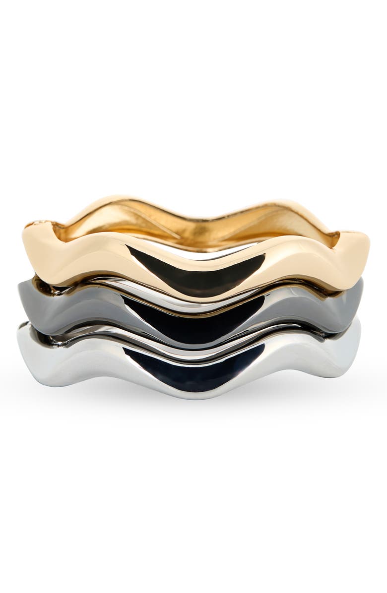 Tasha Set of 3 Tri-Tone Wavy Bangle Bracelets, Main, color, Gold/Gunmetal/Silver