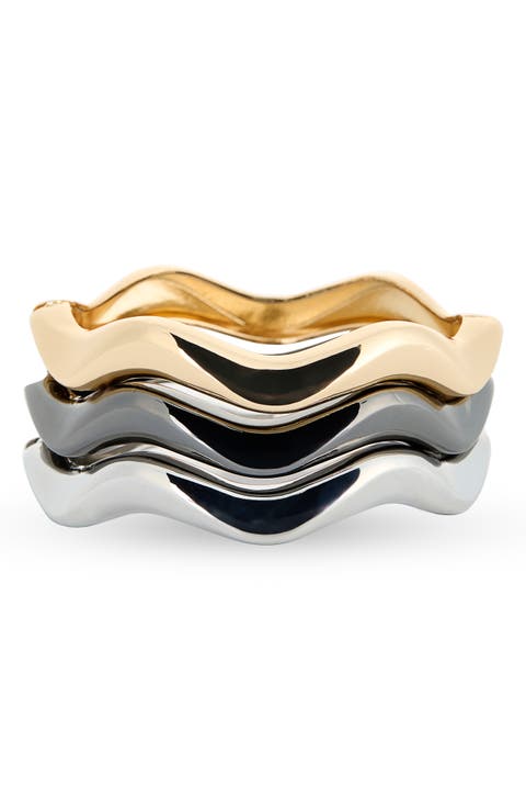 Set of 3 Tri-Tone Wavy Bangle Bracelets