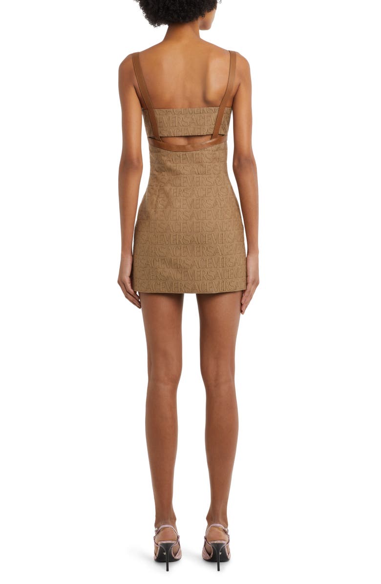 Versace Logo Leather Trim Canvas Minidress | Nordstrom Versace Logo Leather Trim Canvas Minidress | Nordstrom