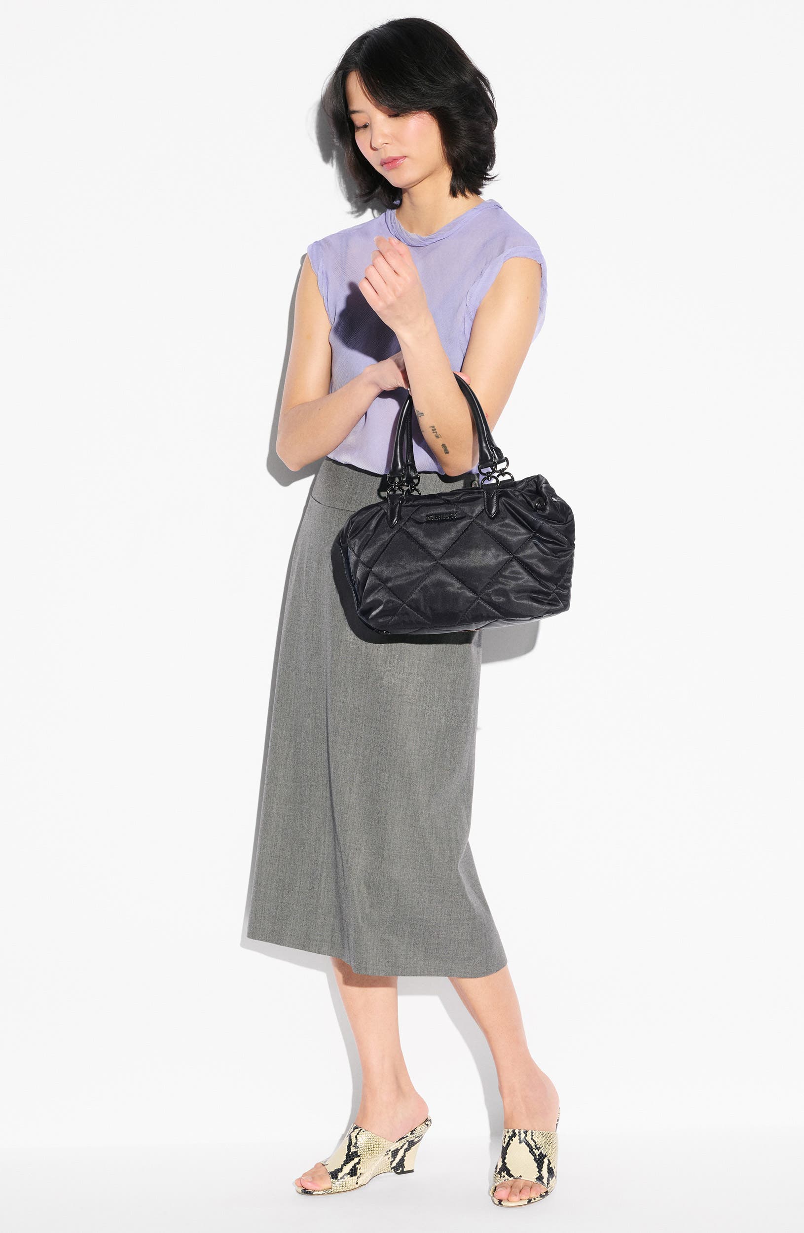 Small Madison East/West Quilted Nylon Tote, Alternate, color, BLACK