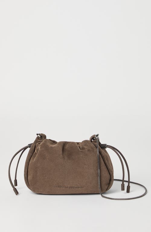 Brunello Cucinelli Soft Suede Drawstring Bag With Chain-link Strap In Taupe