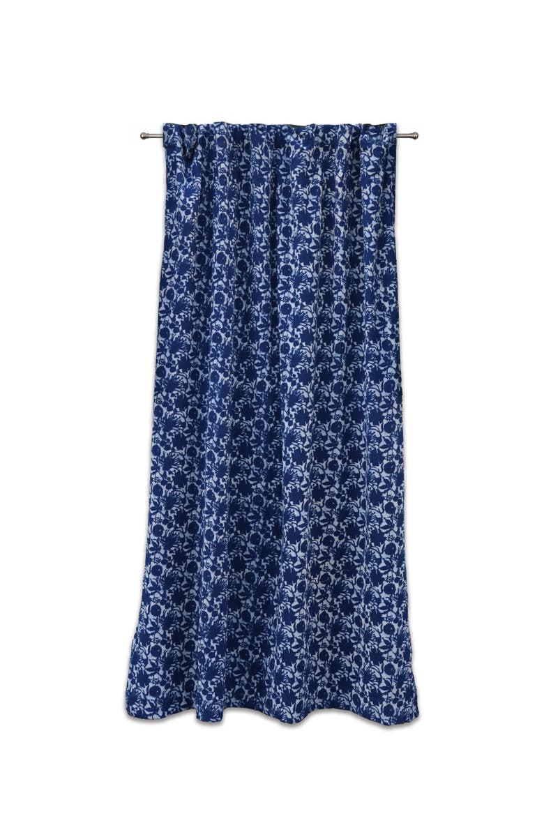 Boho Window Curtain Flowers Cotton Panel, Main, color, Indigo Blue, White