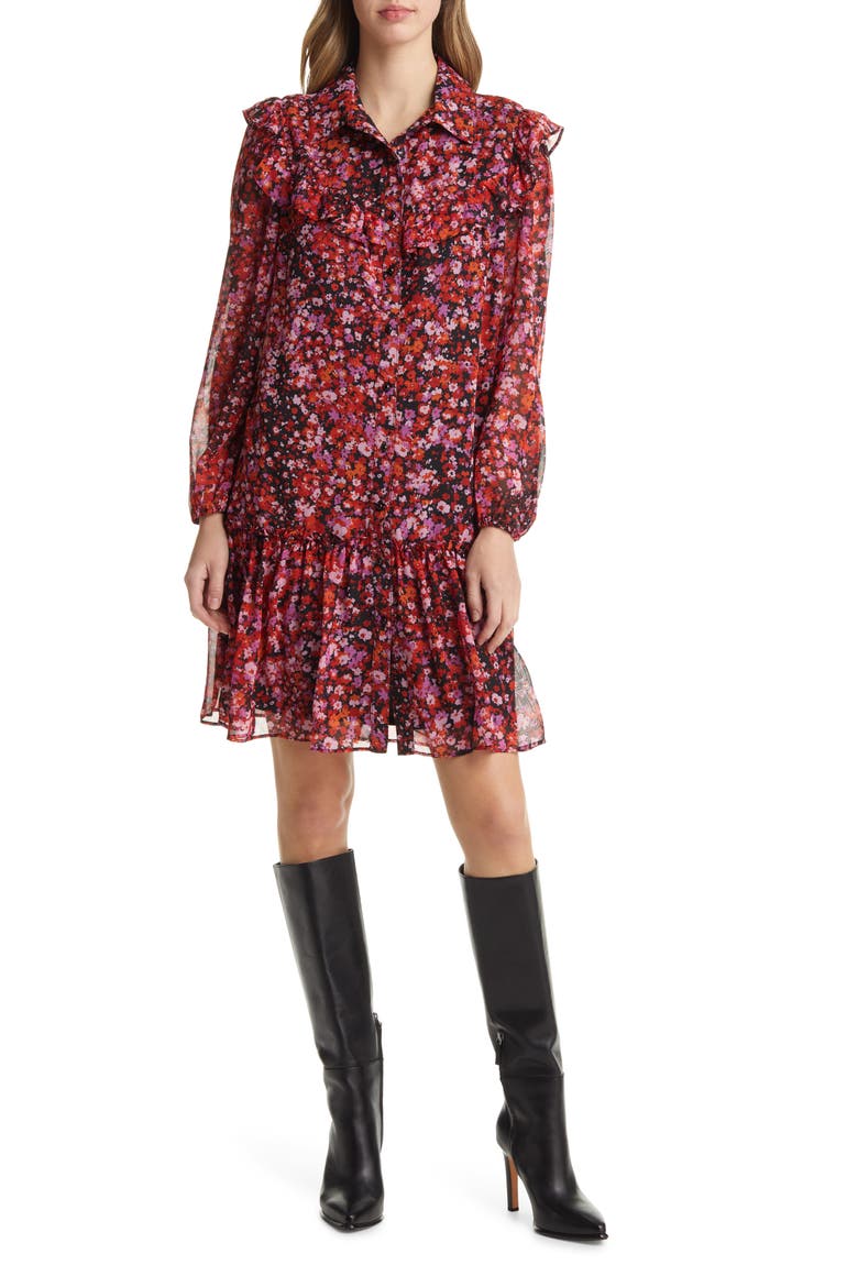 Floral Print Ruffle Long Sleeve Shirtdress, Main, color, BLACK MULTI