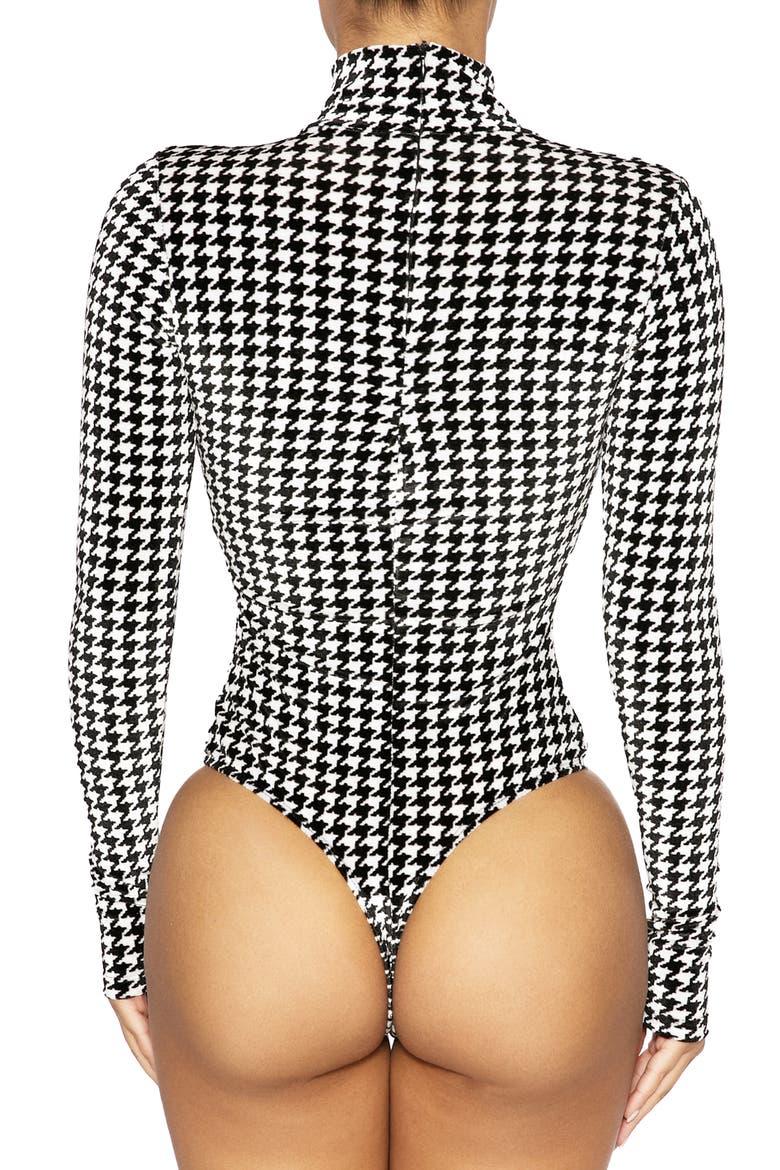 Long Sleeve Turtleneck Bodysuit, Alternate, color, B/ W HOUNDSTOOTH