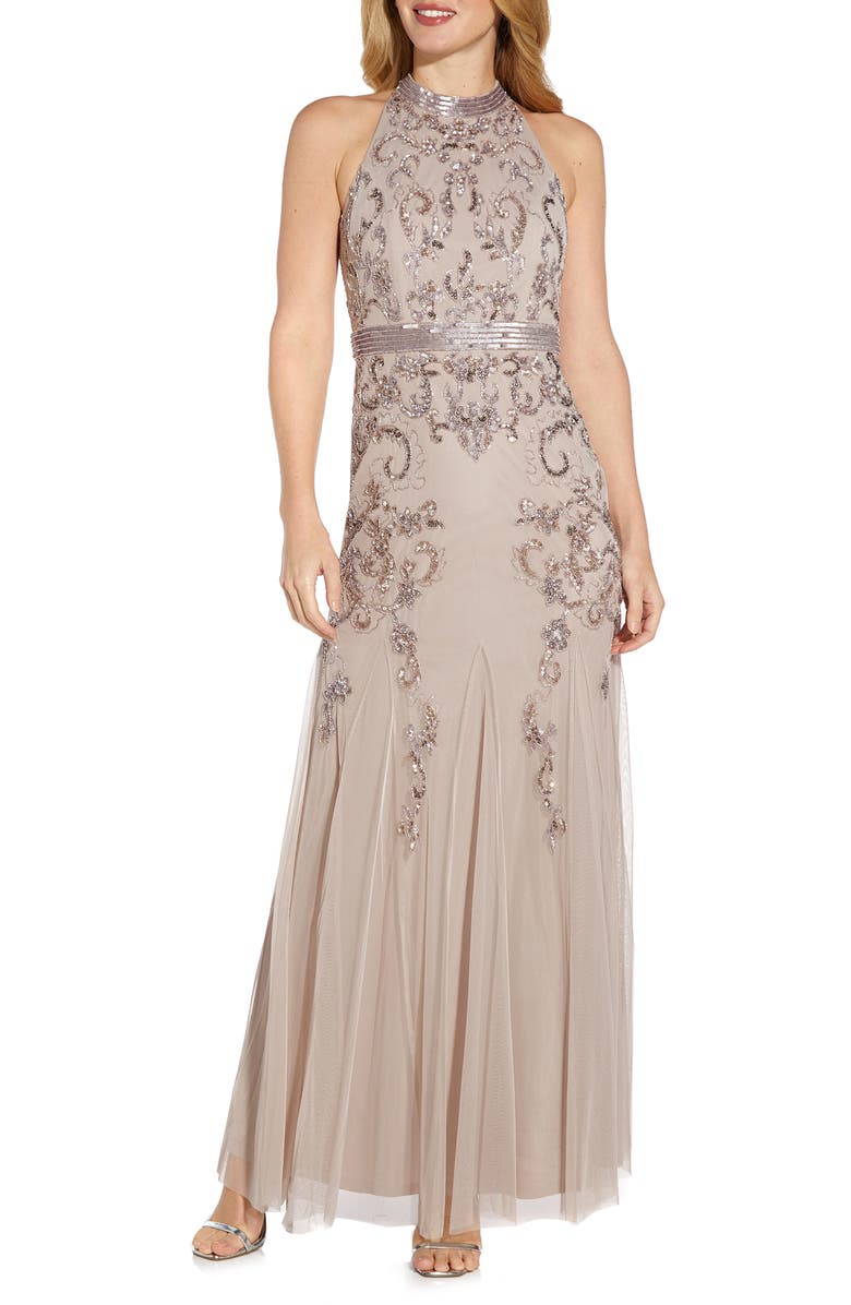 Adrianna Papell Bead Embellished Halter Evening Gown, Main, color, 