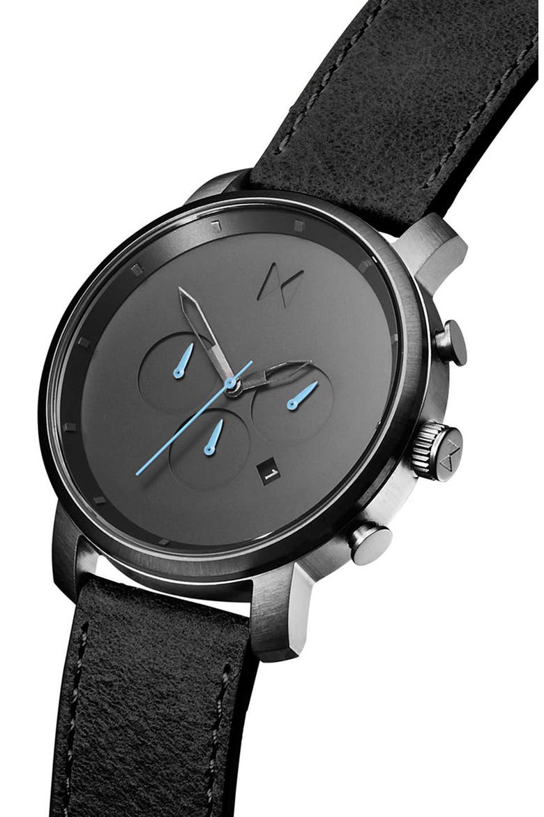 MVMT The Chrono Chronograph Leather Strap Watch, 45mm, Alternate, color, BLACK/ GUNMETAL