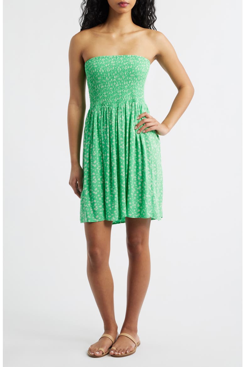 Surf Side Smocked Strapless Minidress, Main, color, LIGHT GREEN