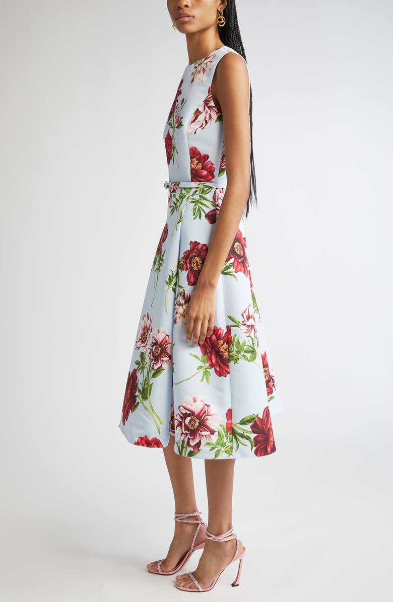 Oscar de la Renta Peony Print Sleeveless Faille Fit & Flare Dress, Alternate, color, Blue Quartz Multi