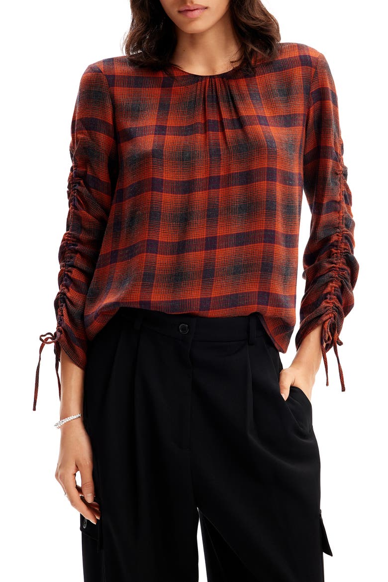 Adjustable Sleeve Plaid Blouse, Main, color, RED