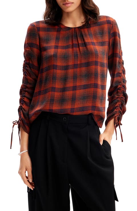 Adjustable Sleeve Plaid Blouse