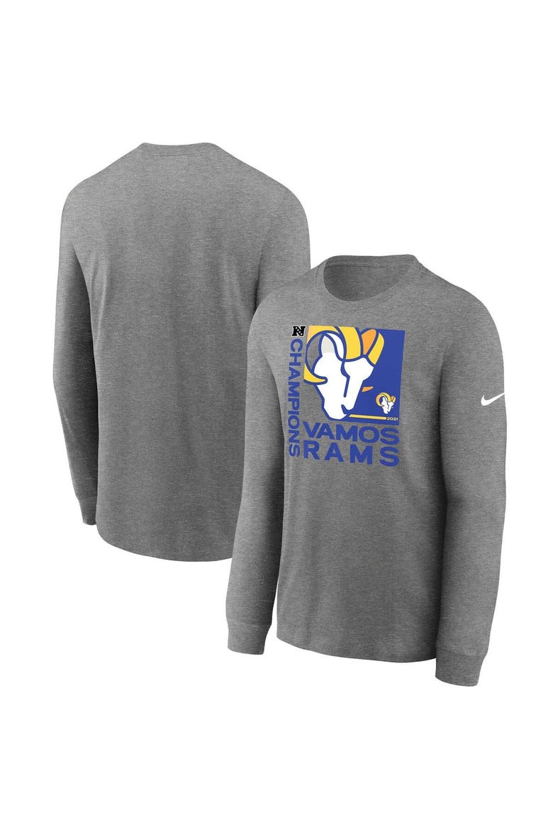 Men's Nike Heathered Charcoal Los Angeles Rams 2021 NFC Champions Team Slogan Long Sleeve T-Shirt, Main, color, Heather Charcoal