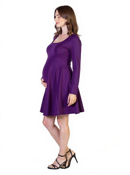 24seven Comfort Apparel Long Sleeve Knee Length Maternity Skater Dress In Purple