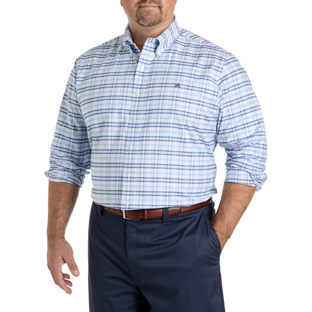 B+t Essentials Fit By Dxl Big & Tall Non-iron Plaid Oxford Sport Shirt In Hydrangea Navy