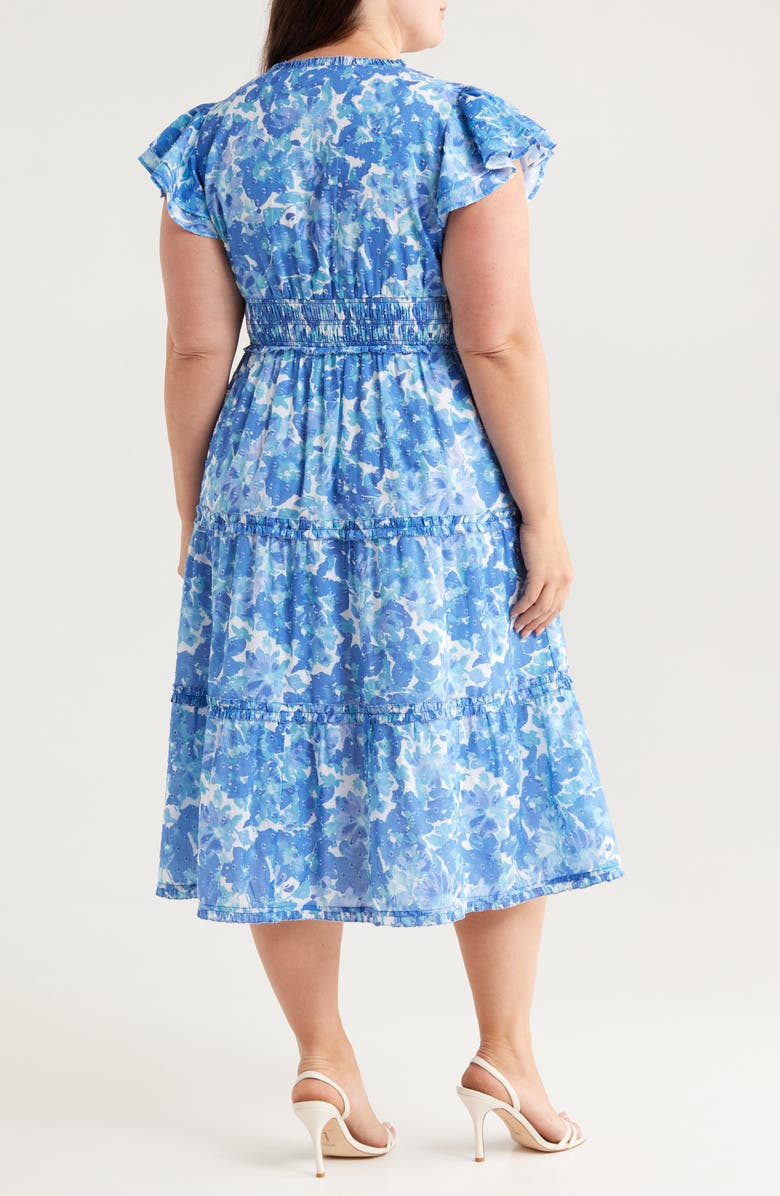 Chelsea28 Flutter Sleeve Clip Dot Tiered Midi Dress, Alternate, color, Blue- Tiana Floral