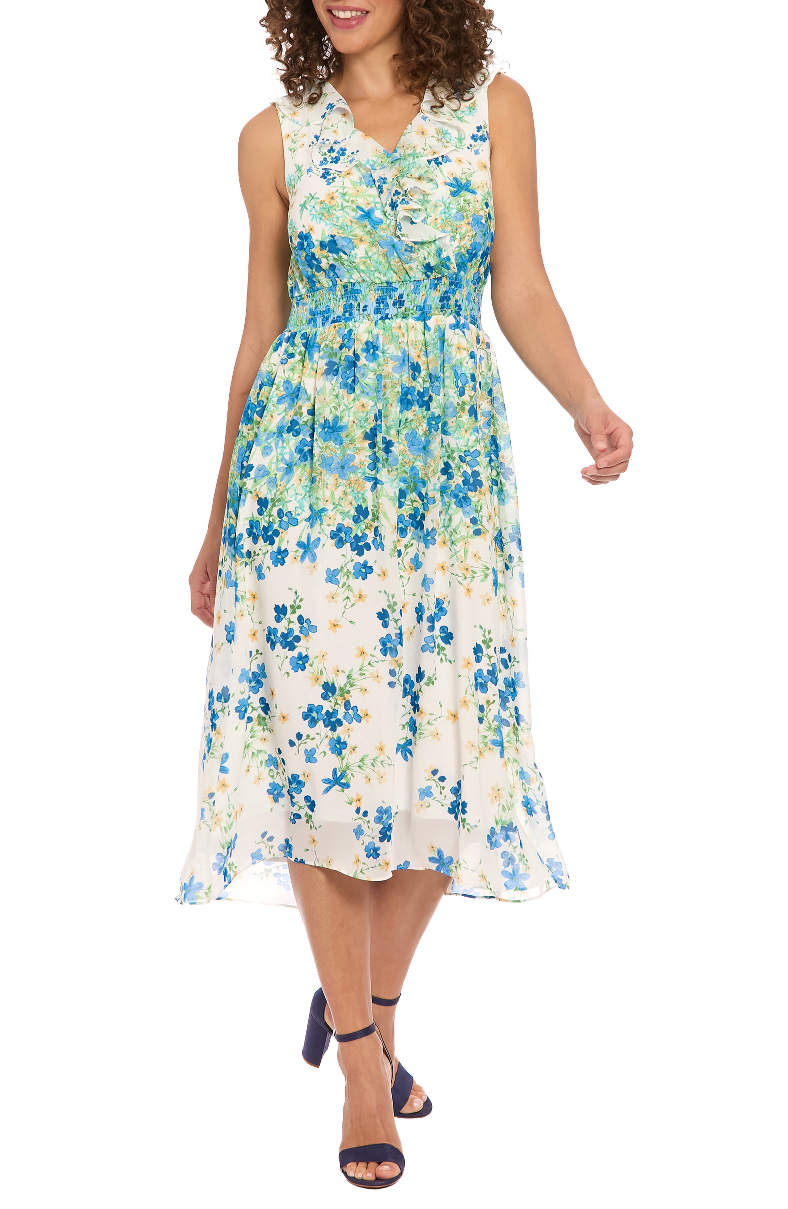 London Times Floral Sleeveless Empire Waist Chiffon Midi Dress